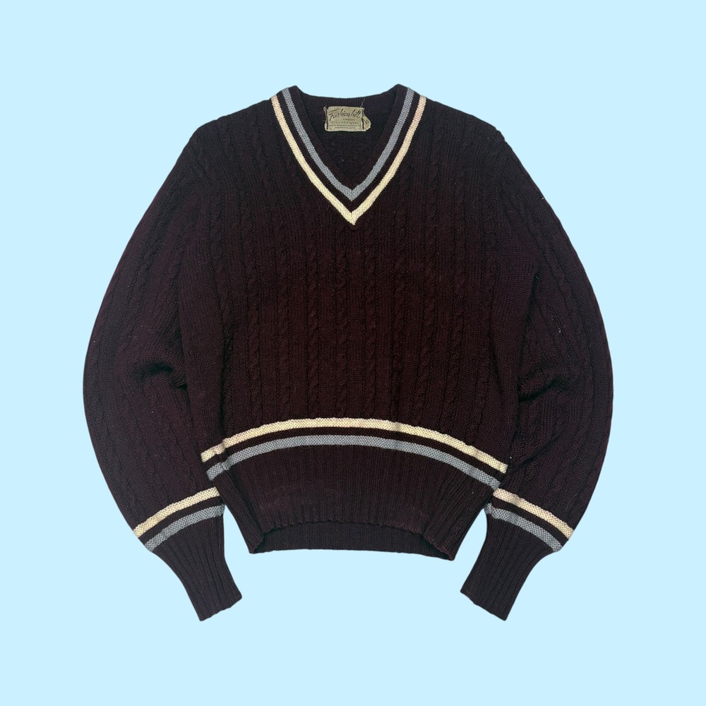 Vintage Fashion Hill Burgundy Wool Cable Knit Cricket Sweater Mens 40 Maroon